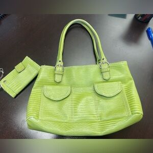 Lime Green Textured Women's Handbag Set